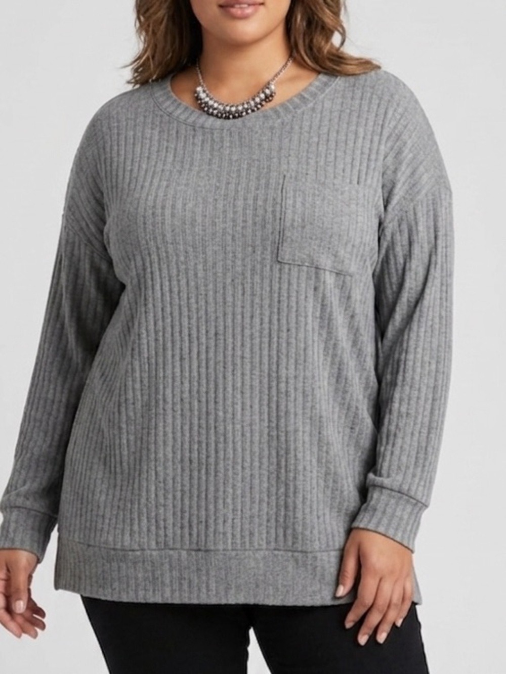 😍SHOW SPECIAL LORD & TAYLOR Grey Ribbed Chest Pocket Long Sleeve Tee Large